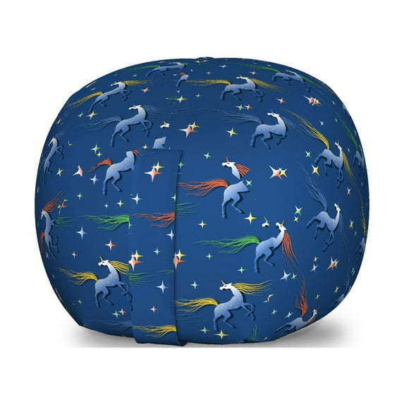Cartoon Storage Toy Bag Chair, Fantasy Theme Illustration of Unicorns Long Magic Colorful Manes, Stuffed Animal Organizer Washable Bag, Large Size, Night Blue and Multicolor, by Ambesonne