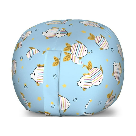 Cartoon Storage Toy Bag Chair, Fishes Swimming Underwater Stars Pastel Colors Print, Stuffed Animal Organizer Washable Bag, Large Size, Sky Blue and Pale Coffee, by Ambesonne