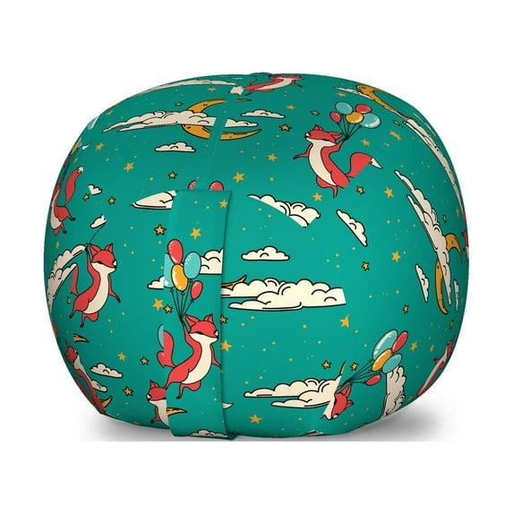 Cartoon Storage Toy Bag Chair, Fox Flying with Balloons in Night with Stars Clouds and Crescent, Stuffed Animal Organizer Washable Bag, Small Size, Multicolor, by Ambesonne