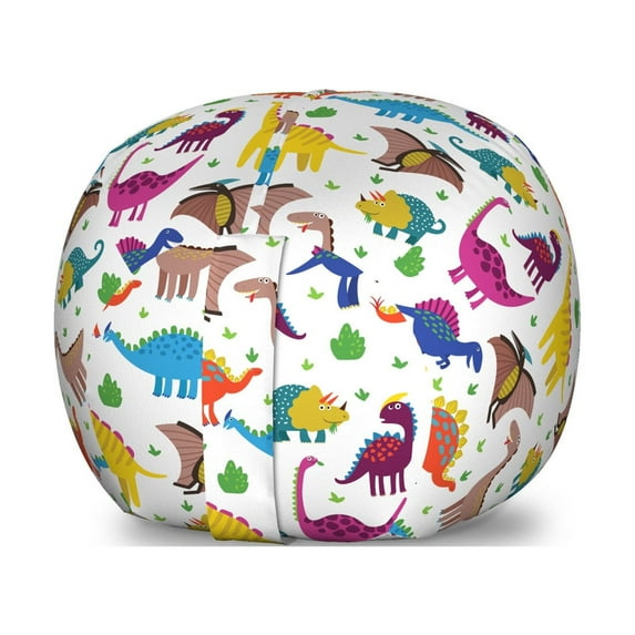 Cartoon Storage Toy Bag Chair, Funny Dinosaurs and Dragons Colorful Jurassic Reptiles Pattern, Stuffed Animal Organizer Washable Bag, Small Size, White and Multicolor, by Ambesonne