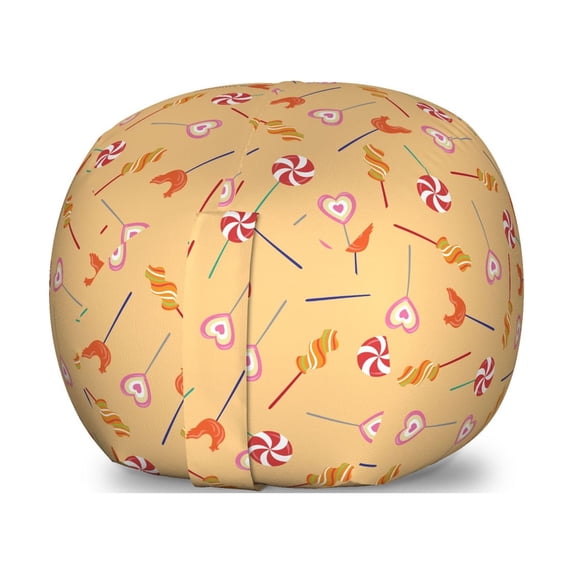 Cartoon Storage Toy Bag Chair, Funny Heart Rooster and Spirals Shaped Lollipops Candy Whimsical, Stuffed Animal Organizer Washable Bag, Large Size, Peach and Multicolor, by Ambesonne