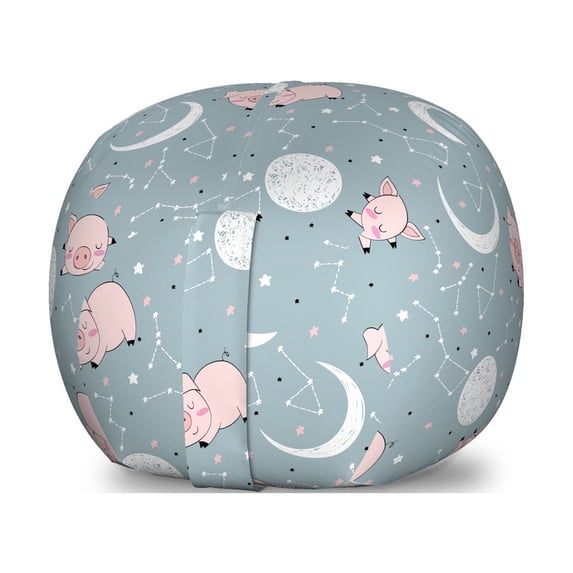Cartoon Storage Toy Bag Chair, Funny Pig Silhouettes Constellation Stars Moon Sky Planets Dreams Night Time, Stuffed Animal Organizer Washable Bag, Small Size, Rose Cadet Blue, by Ambesonne
