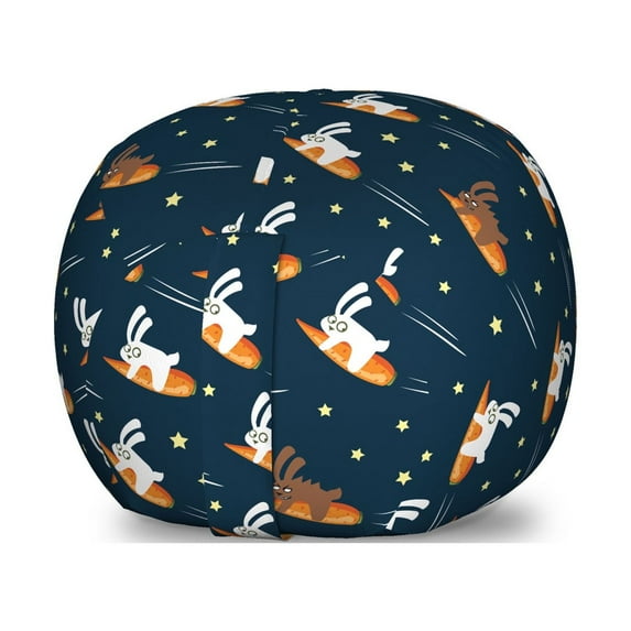 Cartoon Storage Toy Bag Chair, Funny Rabbits Traveling to Space Stars on Carrot Dream, Stuffed Animal Organizer Washable Bag, Large Size, Petrol Blue Orange, by Ambesonne