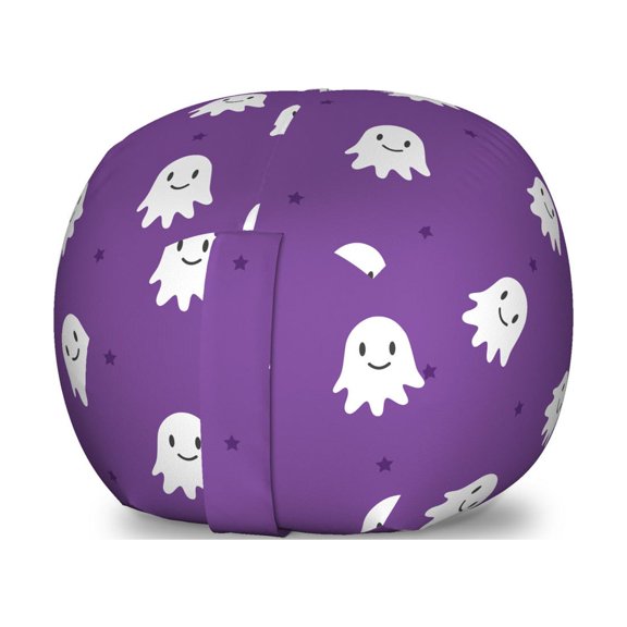 Cartoon Storage Toy Bag Chair, Happy Halloween Themed Motifs Ghost and Stars Spooky Celebration Layout, Stuffed Animal Organizer Washable Bag, Large Size, Fuchsia and White, by Ambesonne