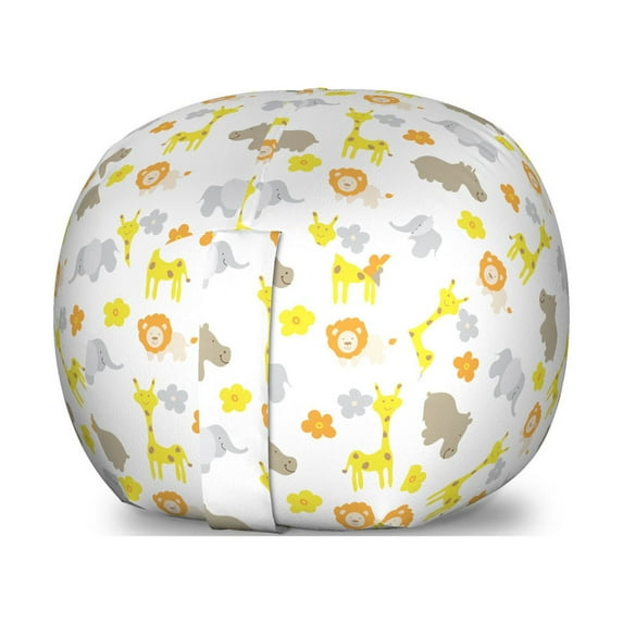 Cartoon Storage Toy Bag Chair, Jungle Animals Elephants Lions Giraffes Hippopotamuses Nature Inspired Design, Stuffed Animal Organizer Washable Bag, Small Size, Multicolor, by Ambesonne