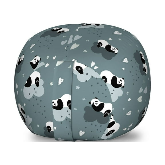 Cartoon Storage Toy Bag Chair, Pandas Sleeping on Clouds Small Stars and Hearts Shapes in Cartoon Layout, Stuffed Animal Organizer Washable Bag, Small Size, Multicolor, by Ambesonne