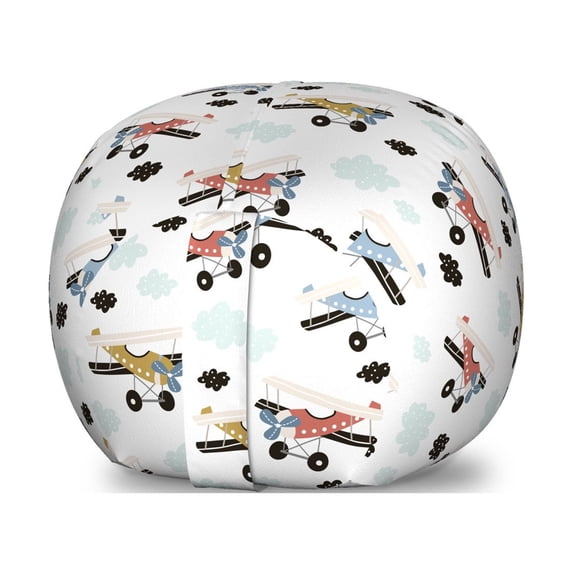 Cartoon Storage Toy Bag Chair, Pattern of Retro Air Planes Flying in the Sky Clouds Imagination Boys Theme, Stuffed Animal Organizer Washable Bag, Large Size, Multicolor, by Ambesonne
