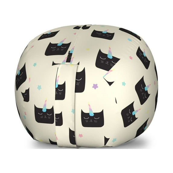 Cartoon Storage Toy Bag Chair, Pattern with Unicorn Cats with Colorful Horns, Stuffed Animal Organizer Washable Bag, Small Size, Eggshell Charcoal Grey, by Ambesonne