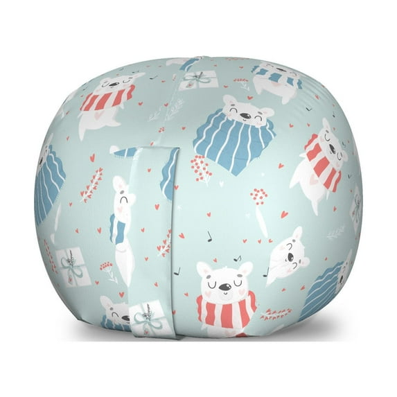 Cartoon Storage Toy Bag Chair, Polar Bears in Blanket with Romantic Hearts Backdrop Hand Drawn Animals, Stuffed Animal Organizer Washable Bag, Small Size, Pale Blue Coral Blue, by Ambesonne