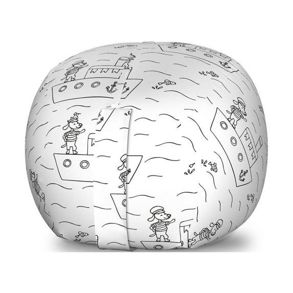 Cartoon Storage Toy Bag Chair, Puppy Captain on a Ship Cruising in Sea Humor Dogs Outline Design, Stuffed Animal Organizer Washable Bag, Large Size, Charcoal Grey White, by Ambesonne