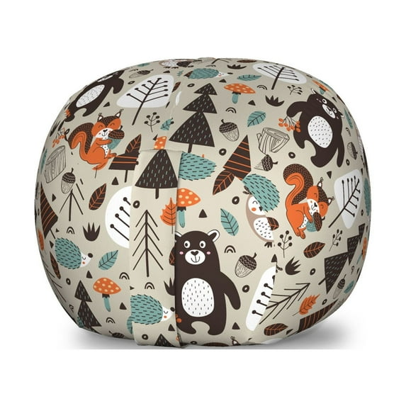 Cartoon Storage Toy Bag Chair, Repeating Pattern with Forest Animals and Botany Bear Owl Squirrel, Stuffed Animal Organizer Washable Bag, Large Size, Grey Yellow Multicolor, by Ambesonne