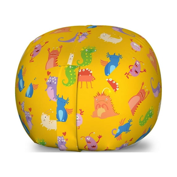 Cartoon Storage Toy Bag Chair, Repetitive Funny Monsters Fantasy Creatures Aliens, Stuffed Animal Organizer Washable Bag, Small Size, Marigold and Multicolor, by Ambesonne