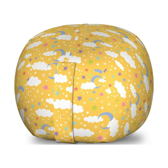 Cartoon Storage Toy Bag Chair, Sky Pattern with Fluffy Clouds Moons Colorful Stars and Falling Snow, Stuffed Animal Organizer Washable Bag, Large Size, Multicolor, by Ambesonne