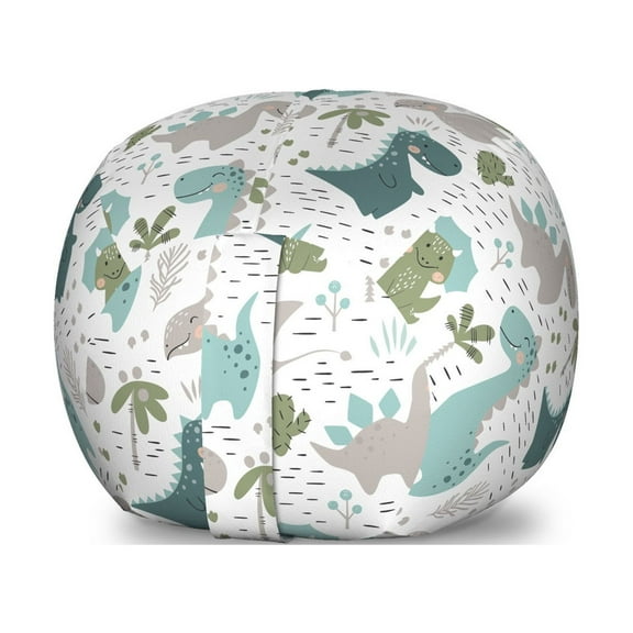 Cartoon Storage Toy Bag Chair, Smiling Dinosaurs with Palm and Cactus, Stuffed Animal Organizer Washable Bag, Large Size, White Seafoam Dimgray, by Ambesonne
