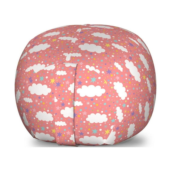Cartoon Storage Toy Bag Chair, Stars and Dots Filled Background with Hand Drawn Clouds Pastel Colored Pattern, Stuffed Animal Organizer Washable Bag, Large Size, Multicolor, by Ambesonne
