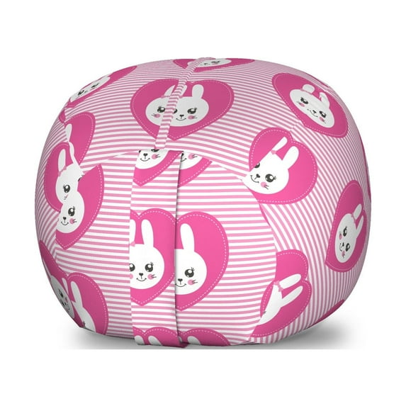 Cartoon Storage Toy Bag Chair, Cartoon Style Little Bunnies Cartoon Along Girl Colors Rabbit Faces, Stuffed Animal Organizer Washable Bag, Small Size, Pink White, by Ambesonne