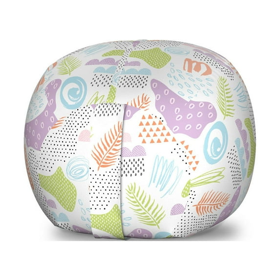 Cartoon Storage Toy Bag Chair, Style Pastel Rain Drops Clouds Mountains Leaf Waves Geometric Details, Stuffed Animal Organizer Washable Bag, Large Size, Multicolor, by Ambesonne