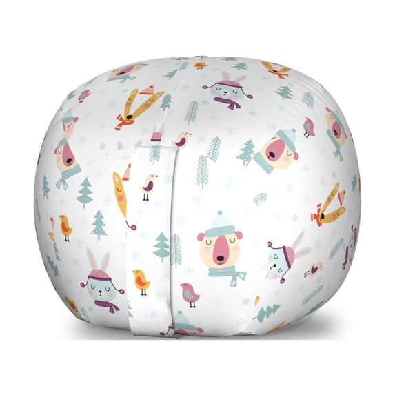 Cartoon Storage Toy Bag Chair, Theme of Bear Bunny and Fox with Scarfs and Hats Snowflakes, Stuffed Animal Organizer Washable Bag, Large Size, Multicolor, by Ambesonne