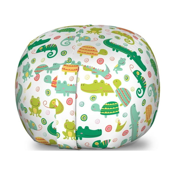 Cartoon Storage Toy Bag Chair, Themed Reptile and Amphibian Animals Pattern Frog Gator Turtle, Stuffed Animal Organizer Washable Bag, Large Size, Multicolor, by Ambesonne