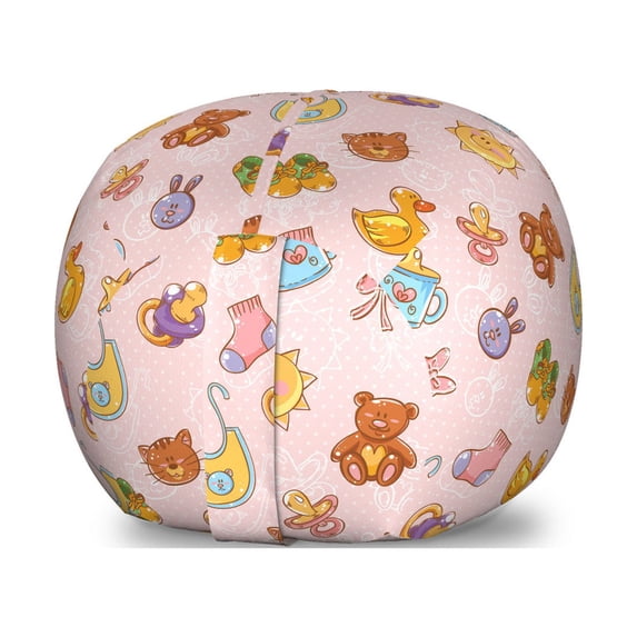 Cartoon Storage Toy Bag Chair, Toys Teddy Bears and Ducks with Shoes and Socks on a Pastel Background, Stuffed Animal Organizer Washable Bag, Large Size, Multicolor, by Ambesonne