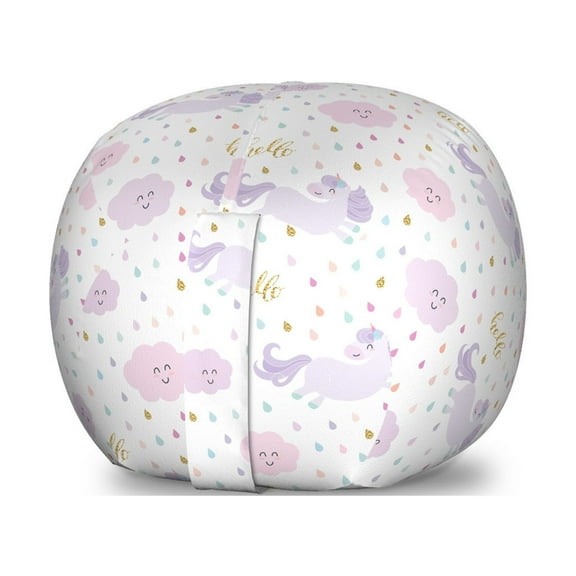 Cartoon Storage Toy Bag Chair, Unicorns in the Sky Raindrop Clouds Hello Girly Funny Whimsical Pastel, Stuffed Animal Organizer Washable Bag, Small Size, Pale Mauve Pale Pink, by Ambesonne