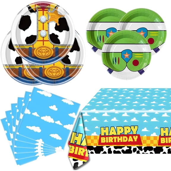 Cartoon Story Party Tableware Set, Blue Sky White Cloud Cow Tablecloth, Toy Theme Birthday Party Tableware Set
