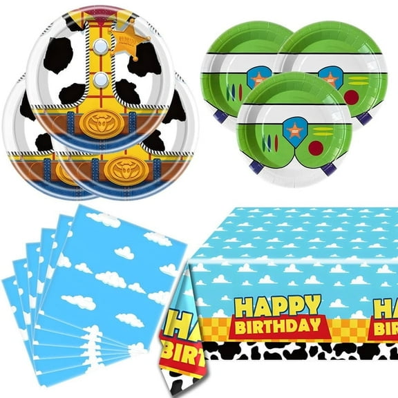 41pcsCartoon Story Party Tableware Set, Blue Sky White Cloud Cow Tablecloth, Toy Theme Birthday Party Tableware Set