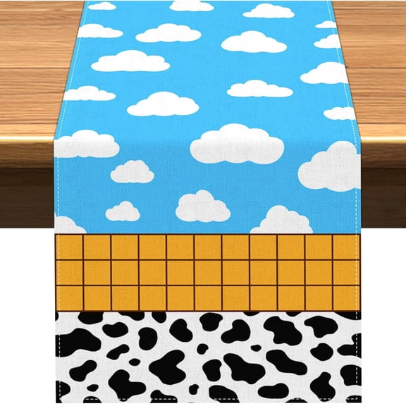 Cartoon Story Table Runner Cow Pattern Printed Check Birthday Party Decoration Blue Sky and White Cloud Dining Room Home Kitchen Island Decor