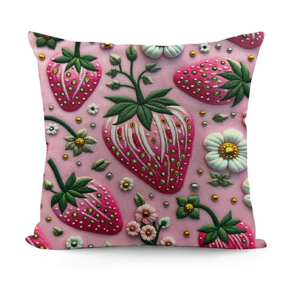 Cartoon Strawberry Pillow Covers , Tropical Pink Cushion Cases,Little White Yellow Daisy Throw Pillow Covers,Cute Summer Fruits Cushion Covers
