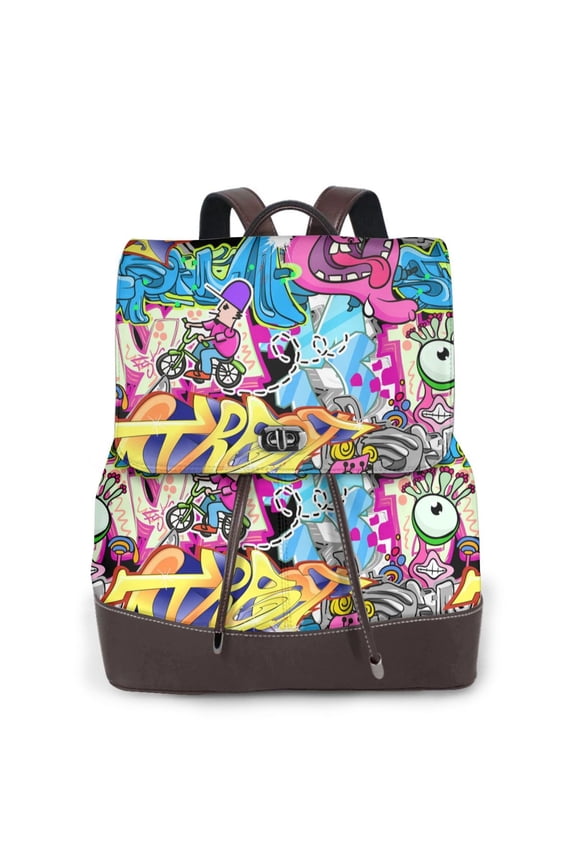 Cartoon Street Doodle Leather Backpack for Women - Funky Graffiti Eyeball & BMX Print Bag