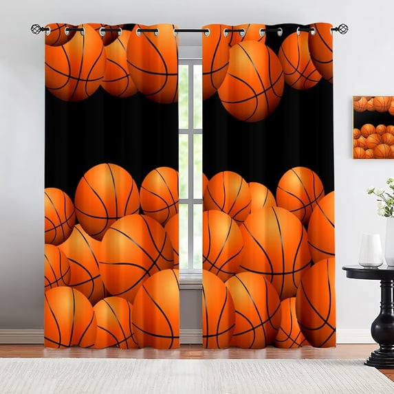 Cartoon Style 3D Printing Grommet Curtains, Orange Basketball Blackout Curtain Panels, Black Background Decorative Window Treatments For Bedroom Living Room 26"W x 84"L (Pack of 2)