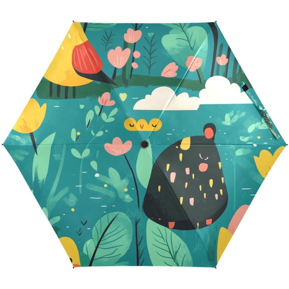Cartoon Style Art Animal Umbrellas for Sun Auto Open Close UV50+ Waterproof 5-Fold Compact Fiberglass Frame