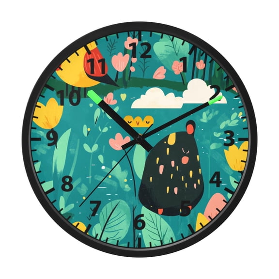 Cartoon Style Art Animal Wall Clock 12 Inch Voice Activated Night Light Silent Non Ticking