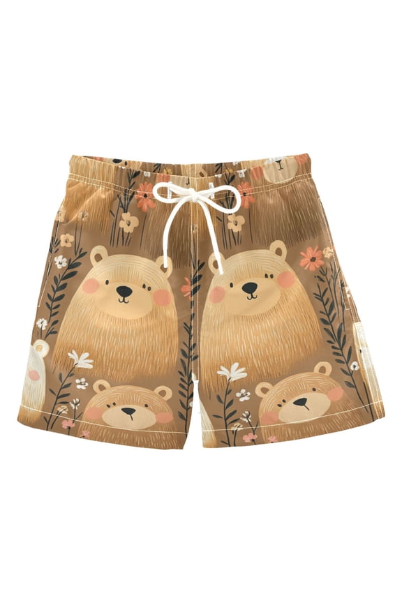 Cartoon Style Bears Boys Swim Trunks Quick Dry Boy Swim Shorts for 3-14 Years