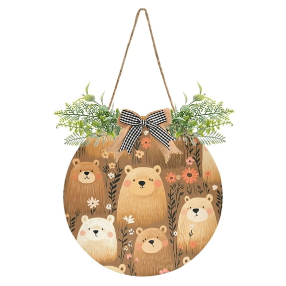 Cartoon Style Bears Front Door Porch Decoration Hanging Sign with Artificial Green Plants and Bow for Home Outdoor Indoor