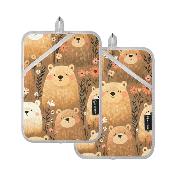 Cartoon Style Bears Oven Mitts Pot Holders 2 pcs Heat Resistant for Kitchen Baking Grilling