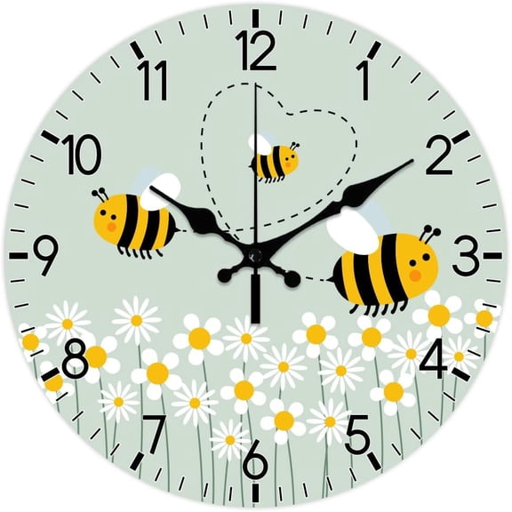 Cartoon Style Bee Pattern Wall Clock 12 Inch Non-Ticking Daisy Clocks Round Wall Hanging Clock Battery Operated for Bedroom Living Room Kitchen Office