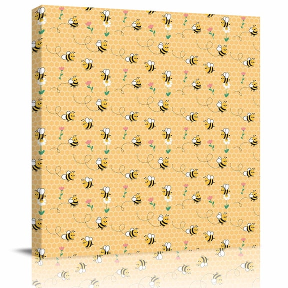 Cartoon Style Bees Framed Canvas Wall Art, Yellow Honeycomb Cute Animal and Flowers Wall Art Painting for Living Room Bedroom Home Decor, 28”x28”, Office Artwork Print
