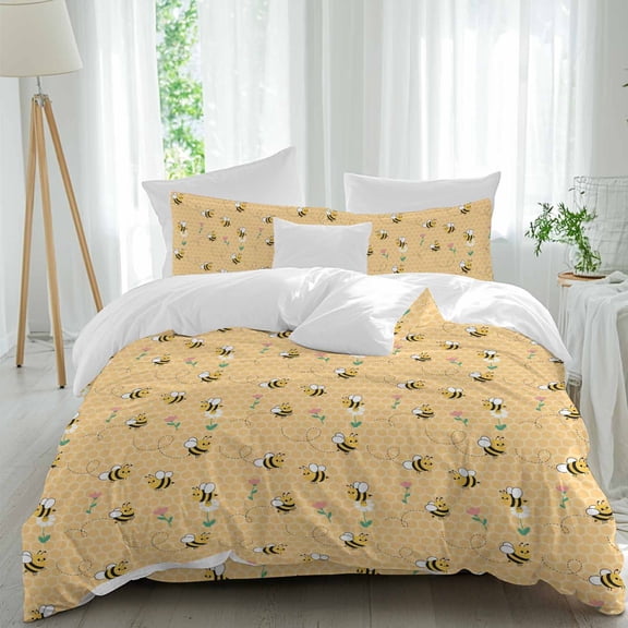 Cartoon Style Bees Full Size Comforter Set, Yellow Honeycomb Cute Animal and Flowers Bedding for All Seasons, 4 Pcs Bed Set, 1Quiltcover (86"x86") ,1Sheet(80"x116"), 2Pillowcases (30"x20")