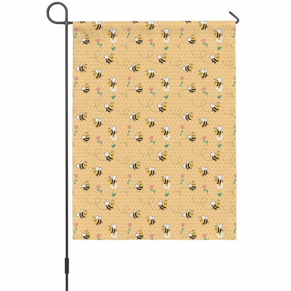 Cartoon Style Bees Garden Flag 12 x 18 Inches, Yellow Honeycomb Cute Animal and Flowers Weather Proof Outdoor Patio Flags Double Sided Small Garden Decoration for Yard Outside Home