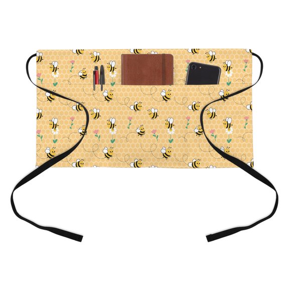 Cartoon Style Bees Kitchen Restaurant Half Waist Apron, Yellow Honeycomb Cute Animal and Flowers Server Short Apron with 3 Pockets Waterproof Oil Waist Aprons for Women Waitress Waiter