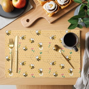Cartoon Style Bees Placemats Set of 4, Yellow Honeycomb Cute Animal and Flowers Heat Insulated Linen Place Mats, Washable Stain-Proof Table Mats for Dining Tables Holiday Decor 13x19 Inches