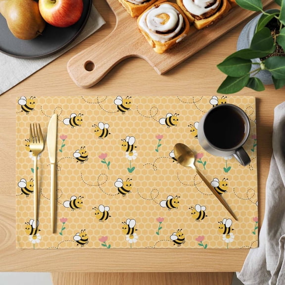 Cartoon Style Bees Placemats Set of 4, Yellow Honeycomb Cute Animal and Flowers Heat Insulated Linen Place Mats, Washable Stain-Proof Table Mats for Dining Tables Holiday Decor 13x19 Inches
