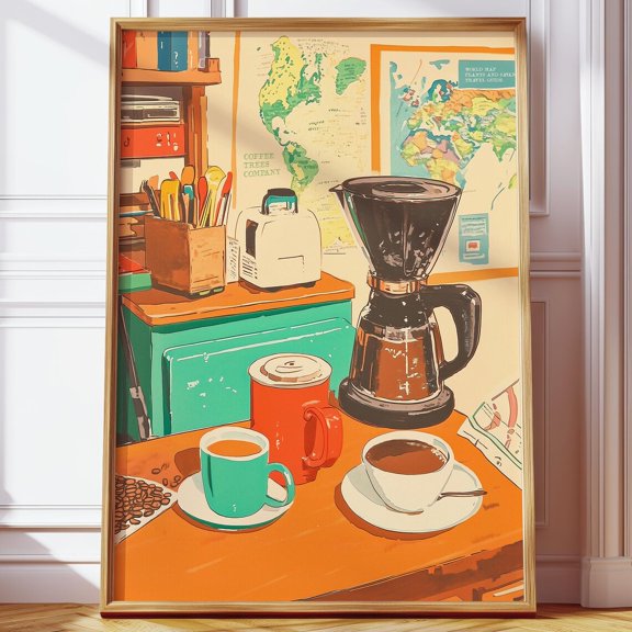 Cartoon Style Coffee Corner Warm Nostalgic Kitchen Art, Unframed Canvas 8x10in