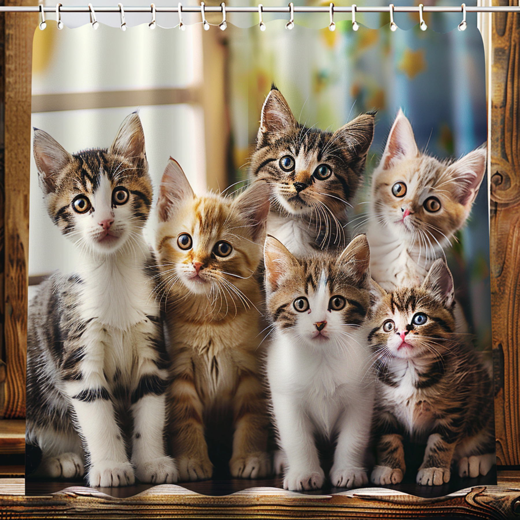 Cartoon Style Cute Cat Faces Shower Curtain with Adorable Tabby Cats