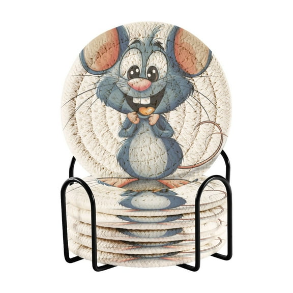 Cartoon Style Cute Mouse Drink Coasters with Holder Absorbent Coaster for Coffee Table Room Decor 6 Pack