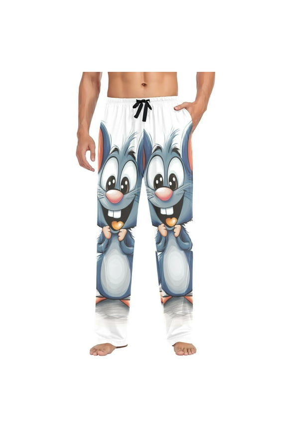 Cartoon Style Cute Mouse Mens Cotton Pajama Pant Sleep and Lounge Bottons with Pockets
