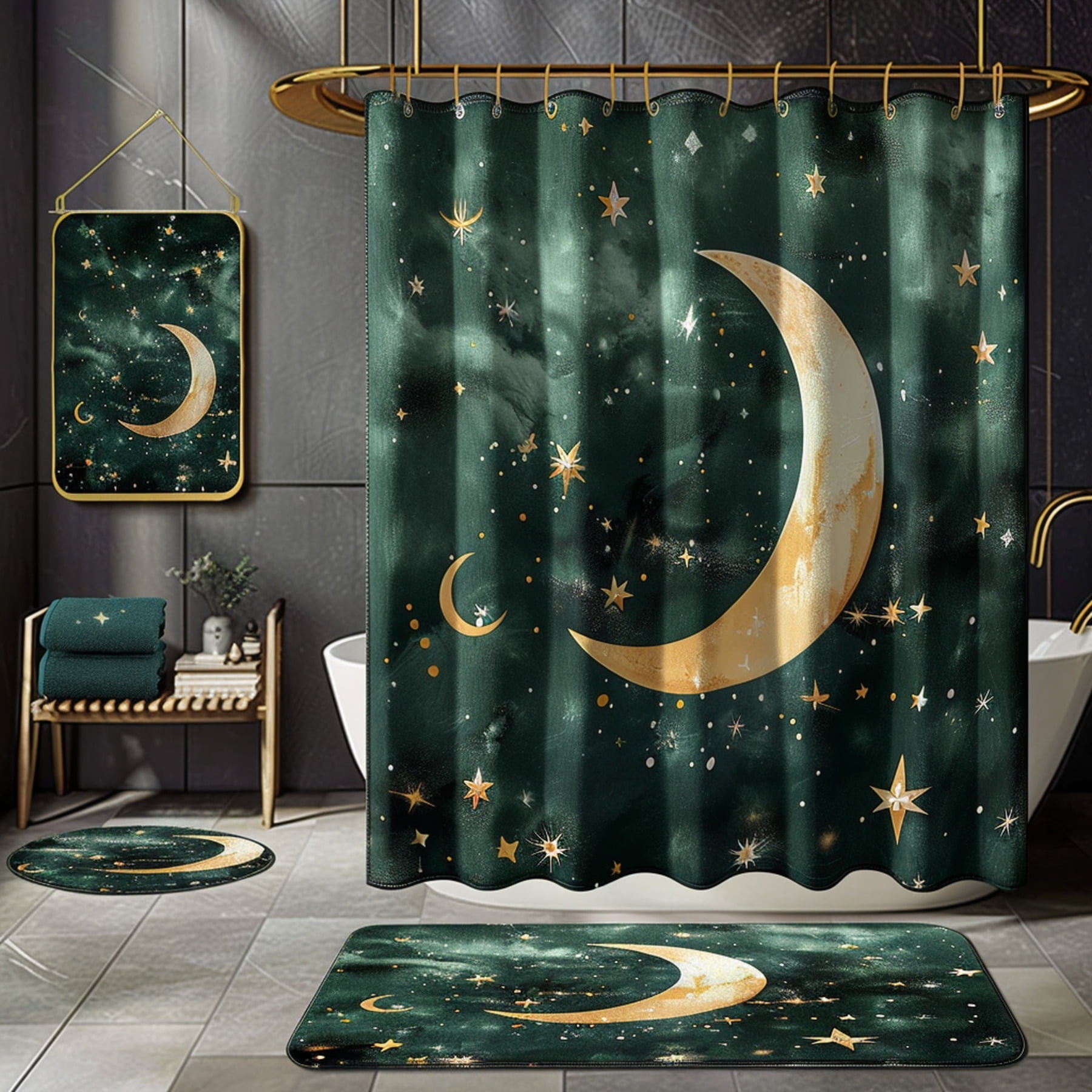 Cartoon Style Dark Green and Gold Bathroom Set with Moon and Stars