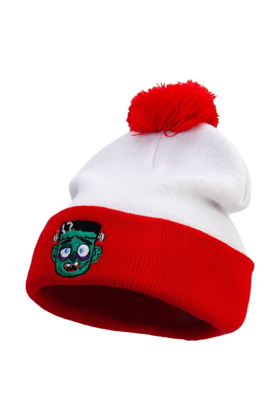 Cartoon Style Frankenstein Logo Embroidered Red White Long Beanie - Red White OSFM