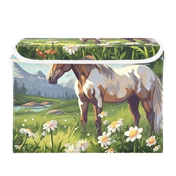Cartoon Style Horses Large Storage Bins with Linen Collapsible Lid Storage Box 16.7 x 12.6 x 11.8in